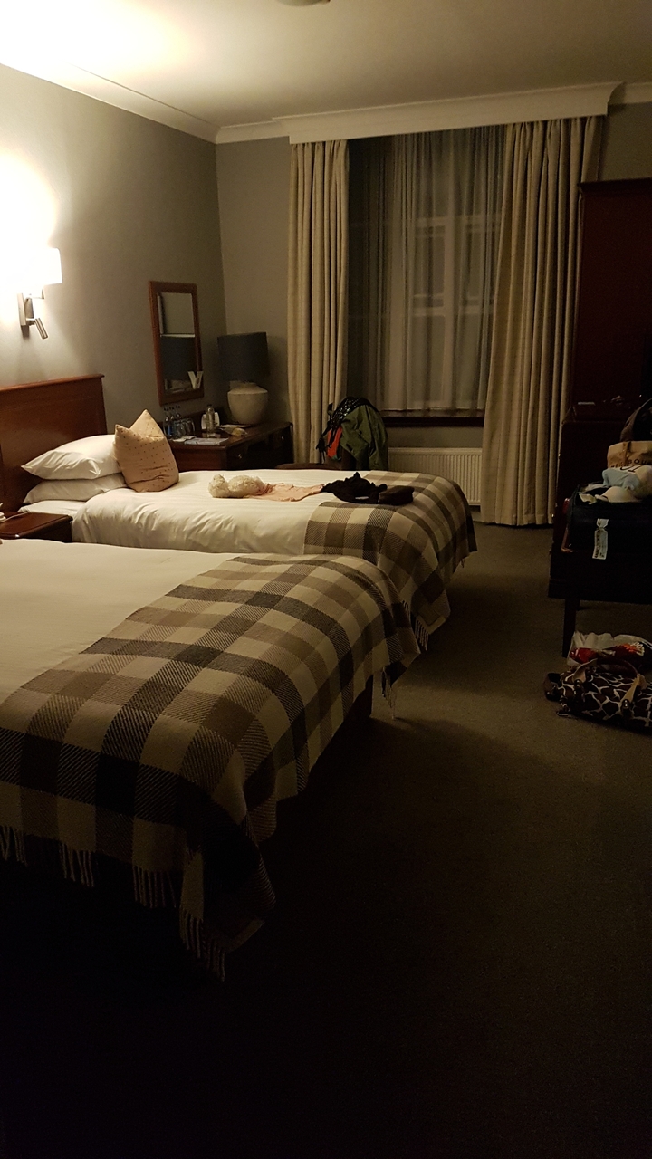 "Chambre d'hôtel avec lits jumeaux et bagages."