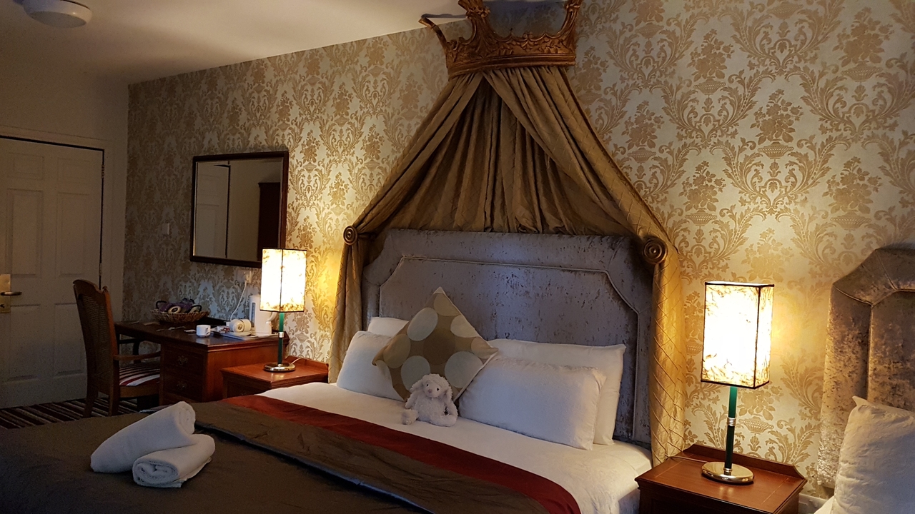 Chambre d'hôtel luxueuse avec une décoration élégante.