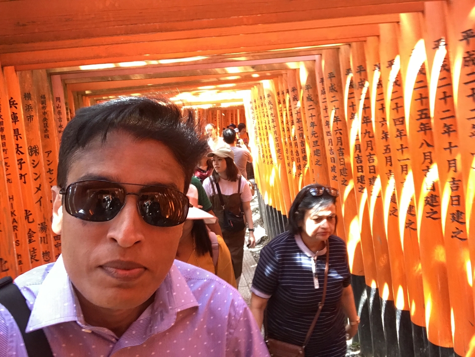 Passage bondé avec des portiques torii rouges et des gens qui marchent.