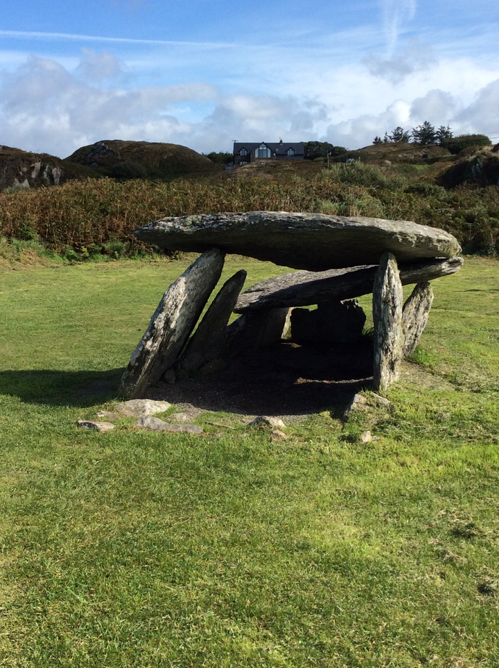 Ancien dolmen de pierre dans une zone herbeuse.