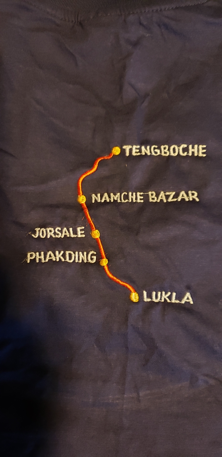 Embroidered fabric map showing trekking route names like Namche Bazar and Phakding.