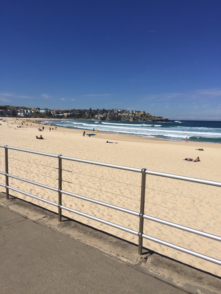 Sunny view of a beach with a city in the background.