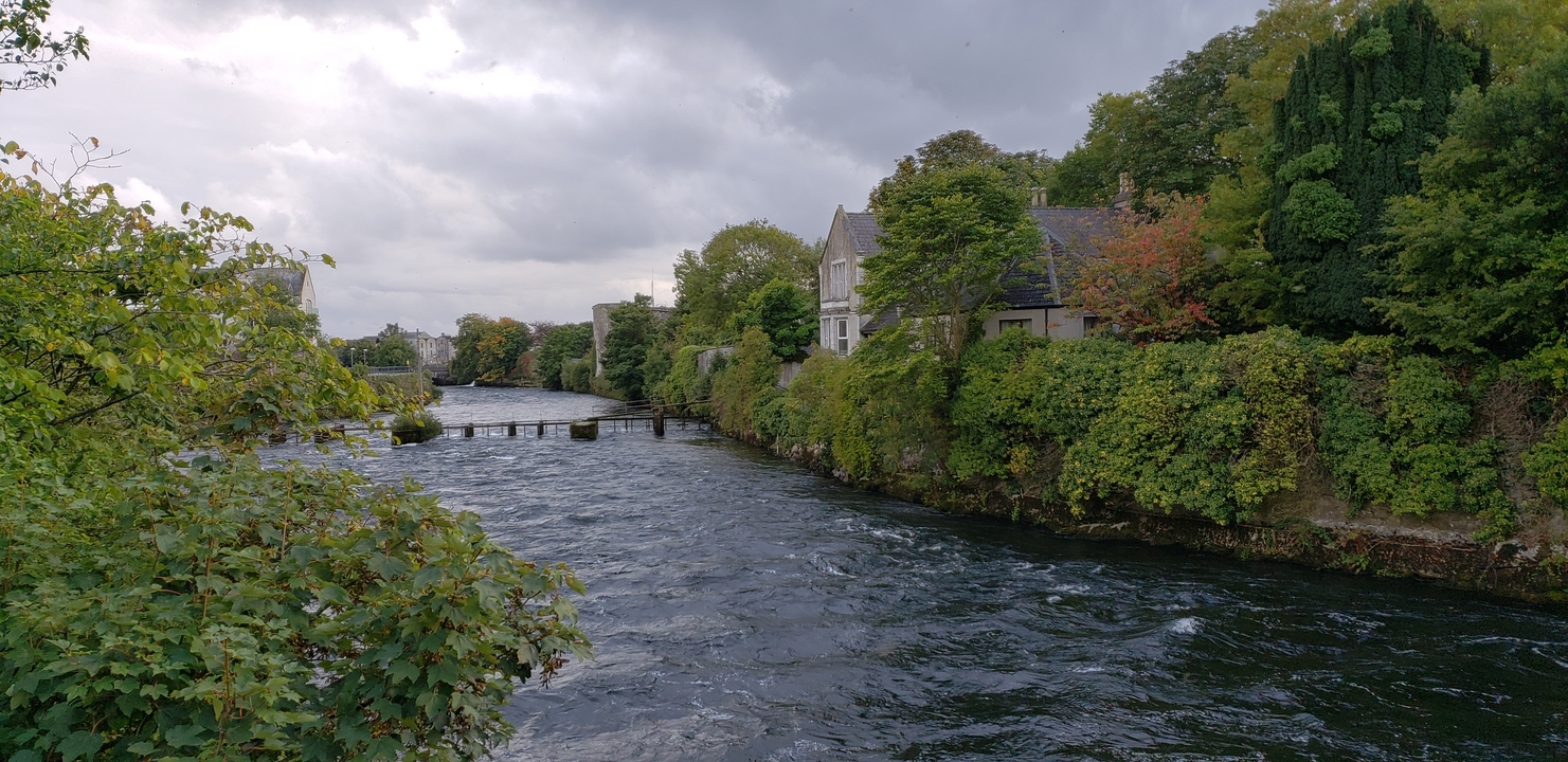Rivière avec une végétation luxuriante, maisons le long de la berge, ciel couvert.