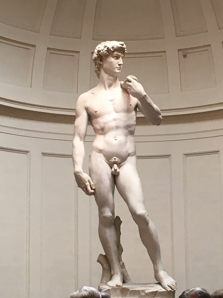 Statue de David sous éclairage intérieur.