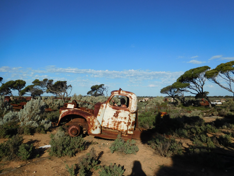 Vieux camion rouillé dans un champ sous un ciel clair.