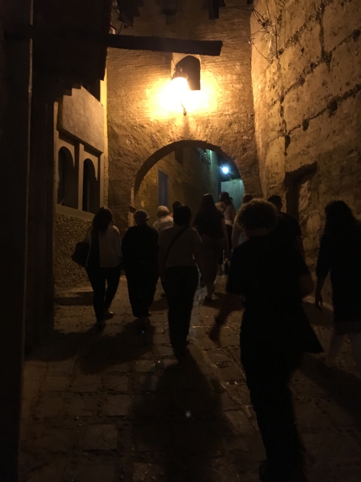Groupe de personnes marchant dans une ruelle faiblement éclairée la nuit.
