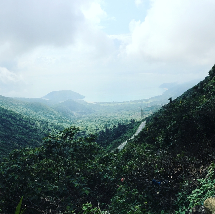 Vue panoramique d'une vallée menant à une mer lointaine avec une végétation luxuriante.