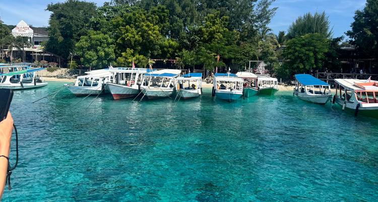 Clear blue water with boats and lush trees.