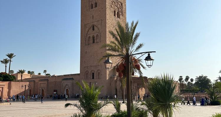 Tall mosque with palm trees on a sunny day.