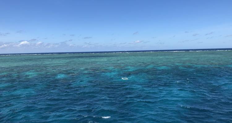 Des eaux océaniques bleu clair sous un ciel ensoleillé.