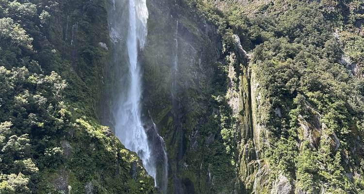 Waterfall flowing down a cliff in a lush area.