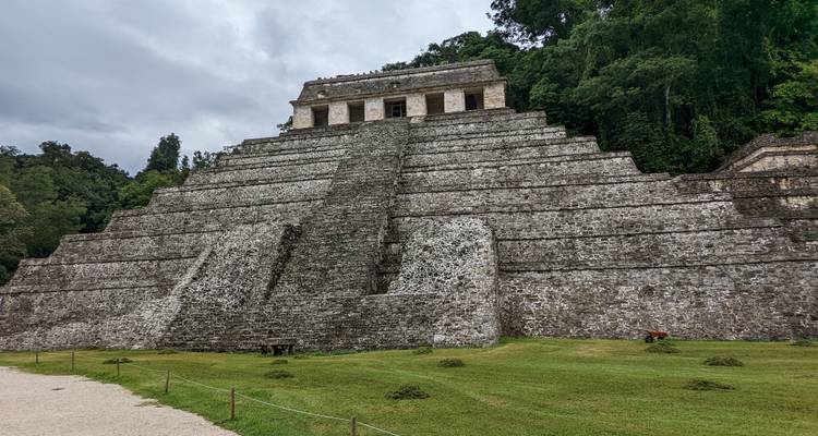 Stone pyramid with grass steps surrounded by forest.