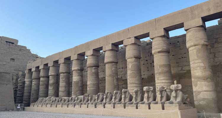 Rangée de statues de sphinx et colonnes antiques sur un site archéologique.