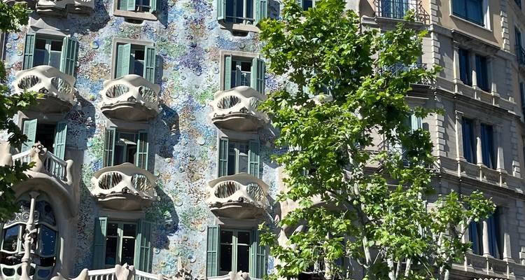 Whimsical facade of a modernist building with tree.