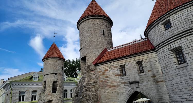 Steinbefestigung mit rotgedeckten Türmen und einem gewölbten Torweg.