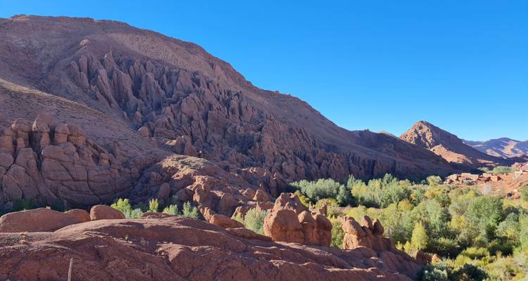 Paysages rocheux avec une végétation verte dans la vallée.