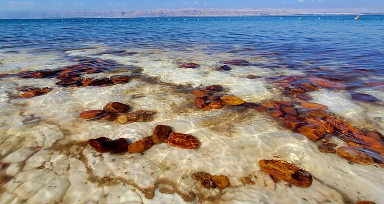 Eaux claires avec des rochers submergés et des formations salines.