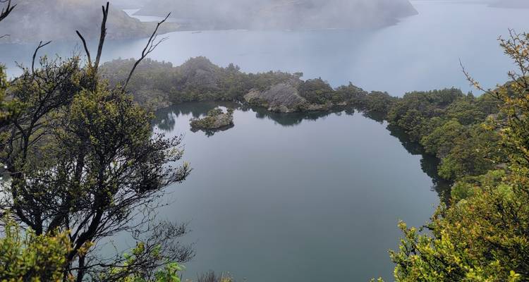 Un paysage forestier brumeux avec un lac réfléchissant.