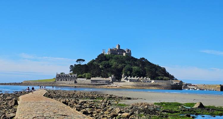 Le Mont Saint-Michel avec un château sur une colline entourée d'eau.