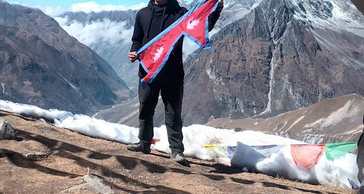 Person holding a flag in a snowy mountainous landscape.