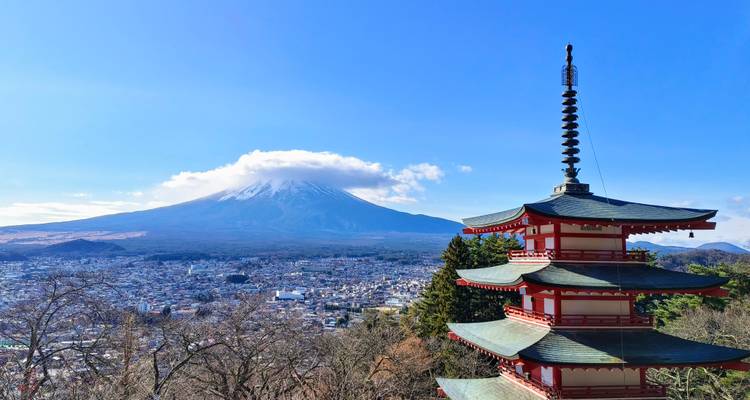 View of a pagoda with Mount Fuji in the background.