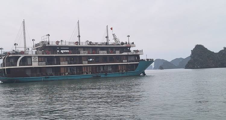 Large cruise ship sailing on calm water with distant hills