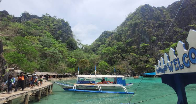 Steiger met boten bij hoge, rotsachtige kliffen en groen water.