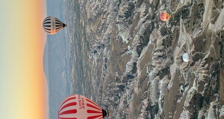 Montgolfières flottant au-dessus d'un paysage accidenté et pittoresque au lever du soleil.