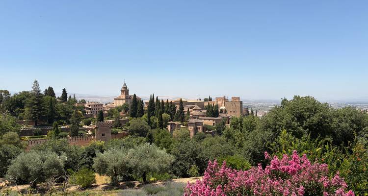 Vue panoramique d'une forteresse historique avec jardins et ciel bleu.