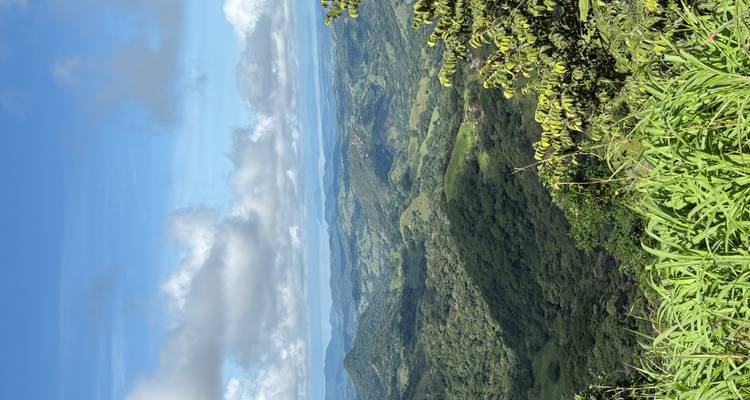 Panoramic view of lush green hills under blue sky.