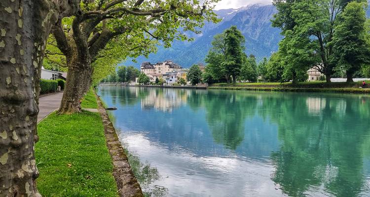 A serene river with a mountain view.