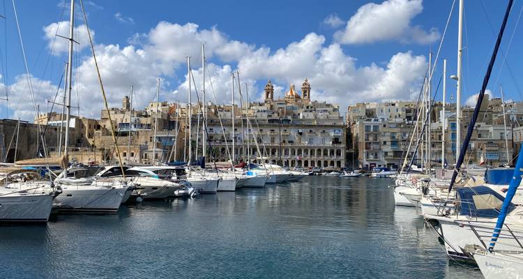 View of boats moored in a marina against a walled city backdrop.