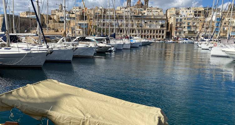Mooring site with boats and a picturesque historical town view.