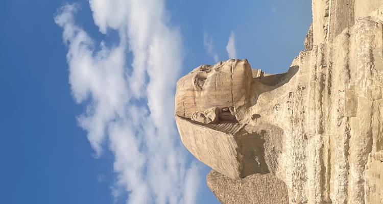 Gros plan du Sphinx de Gizeh sous un ciel dégagé.