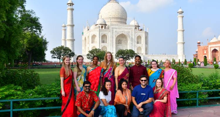Group of tourists at the Taj Mahal.