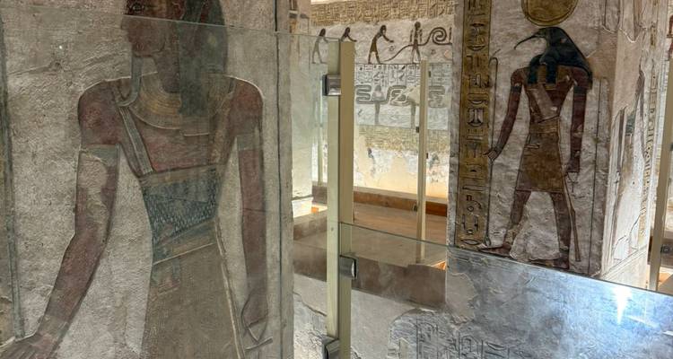 Peintures murales égyptiennes antiques à l'intérieur d'un site bien préservé.