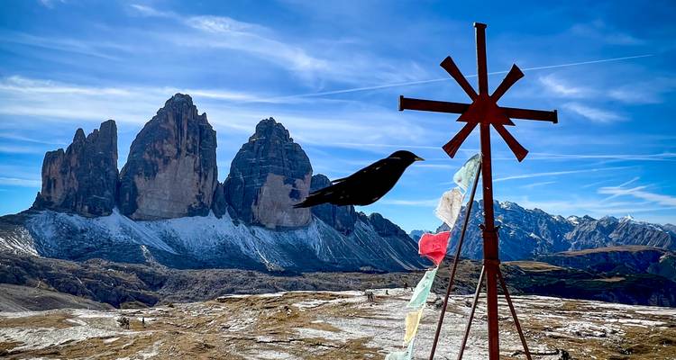 Montagnes avec une croix en métal et un oiseau au premier plan.