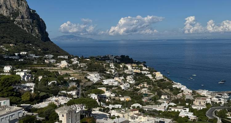 Vue aérienne de Capri côtière avec collines et mer.