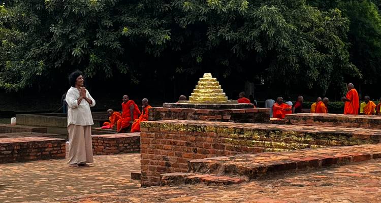 A person praying in front of a golden stupa surrounded by monks wearing orange robes.