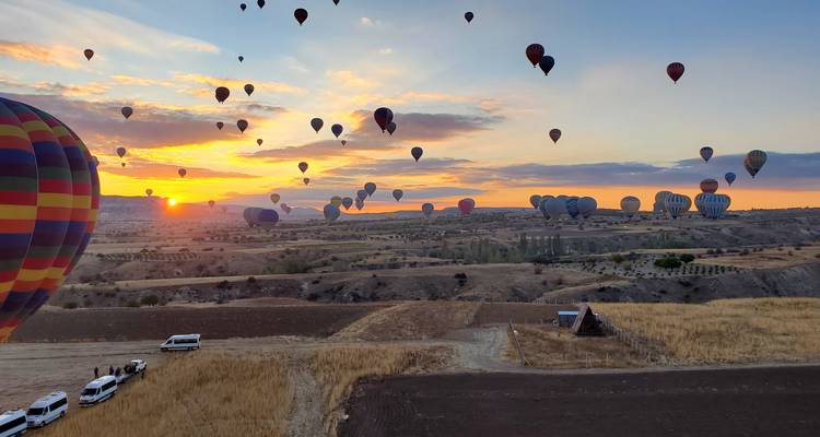 Numerous hot air balloons in the sky at sunrise.
