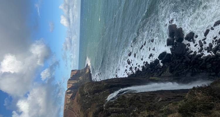 Côte spectaculaire avec de hautes falaises et une cascade qui se jette dans l'océan.