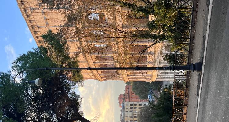 The Colosseum partially seen through trees with a lamp post.
