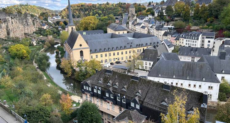 Une ville pittoresque traversée par une rivière, entourée d'arbres.