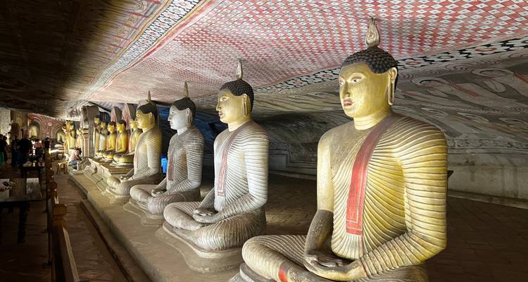 Eine Reihe von Buddha-Statuen in einer Höhle mit kunstvollen Deckenmustern.