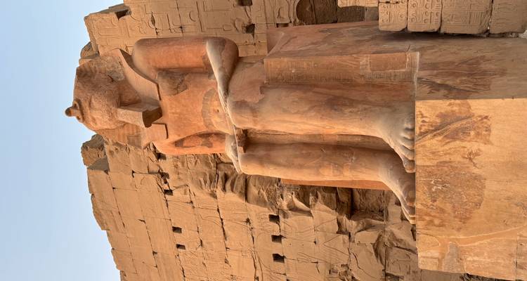 Statue eines altägyptischen Pharaos im Sitzen, mit Hieroglyphen an der Wand dahinter.