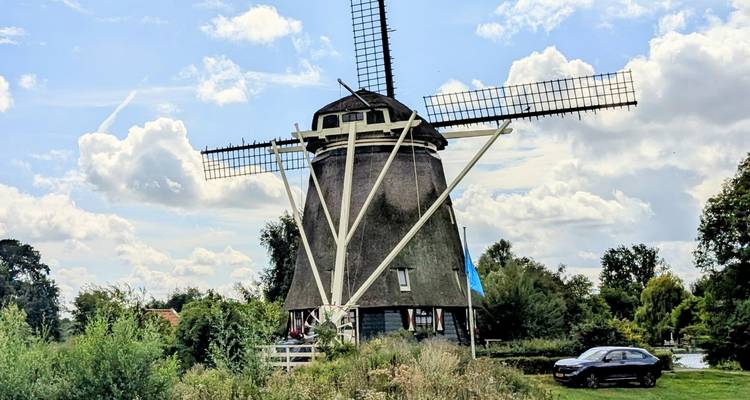 Traditionelle Windmühle in ländlicher Umgebung mit blauem Himmel.