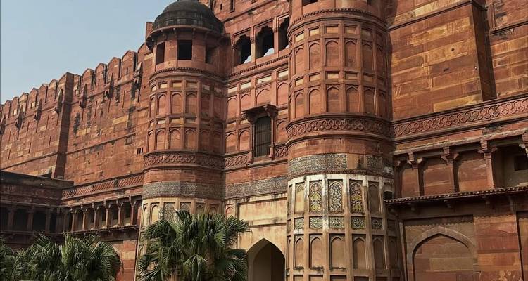 Red Fort in Agra with detailed architecture.