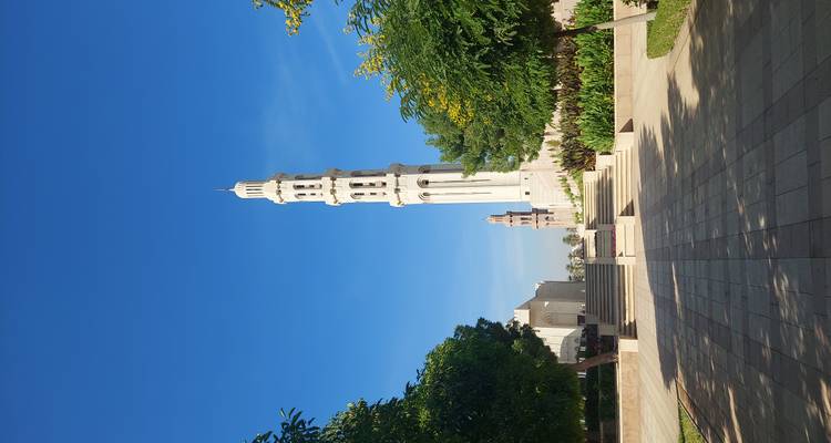 Elegante minarete de mezquita con árboles y cielo despejado.