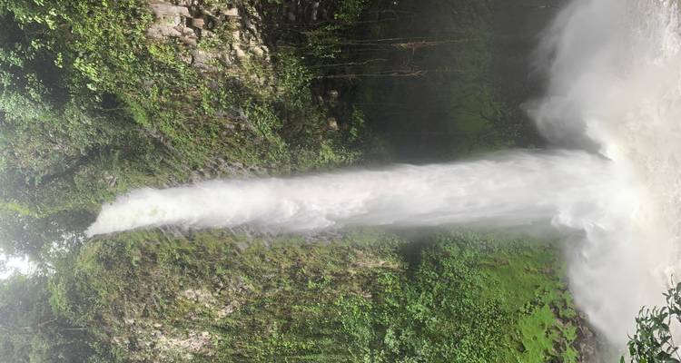 Poderosa cascada cayendo por un acantilado verde y exuberante.