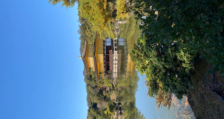 Goldener Pavillon, umgeben von üppigem Grün und einem Spiegelteich.